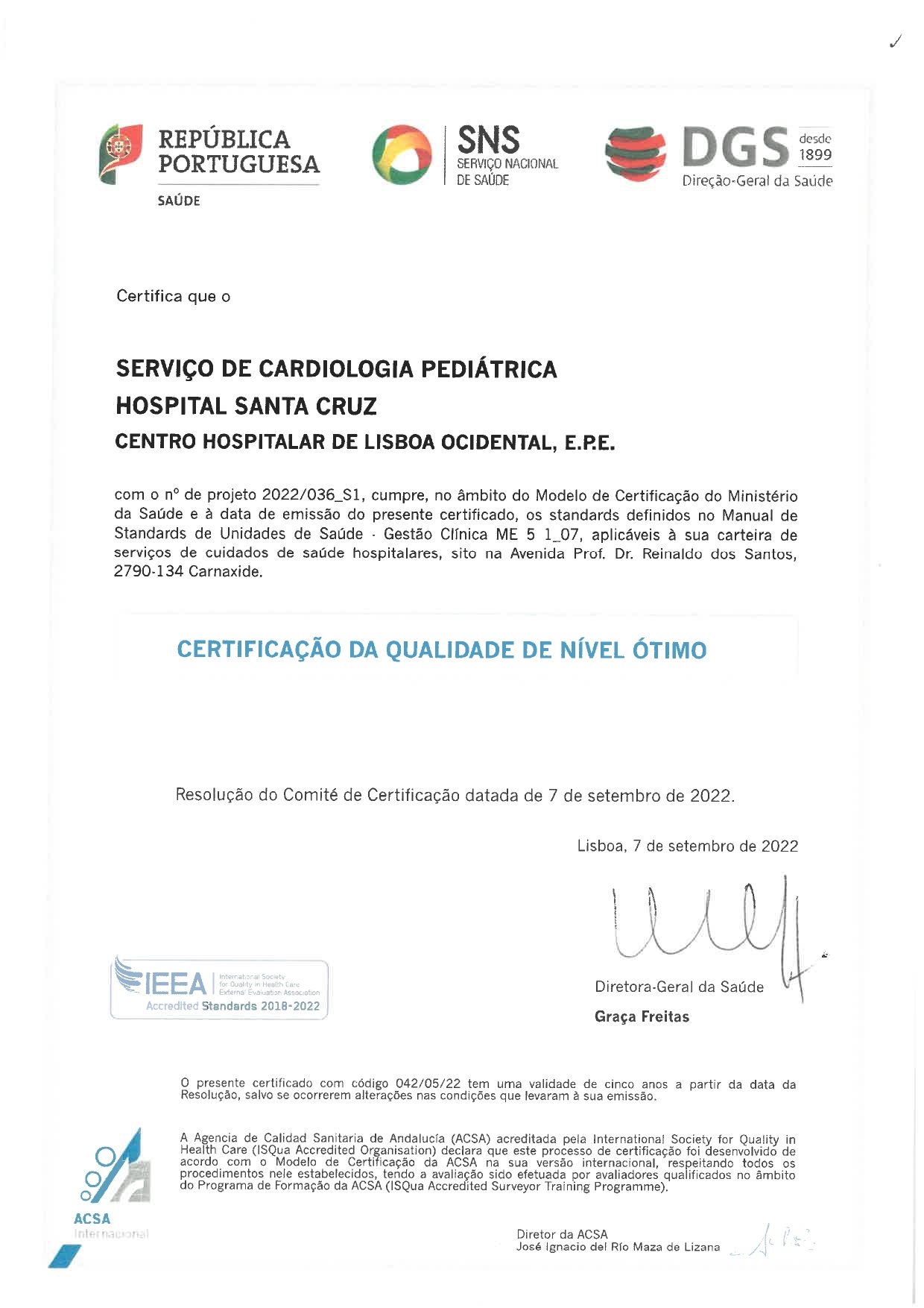 Certificado de Qualidade do Serviço de Cardiologia Pediátrica do Hospital de Santa Cruz
